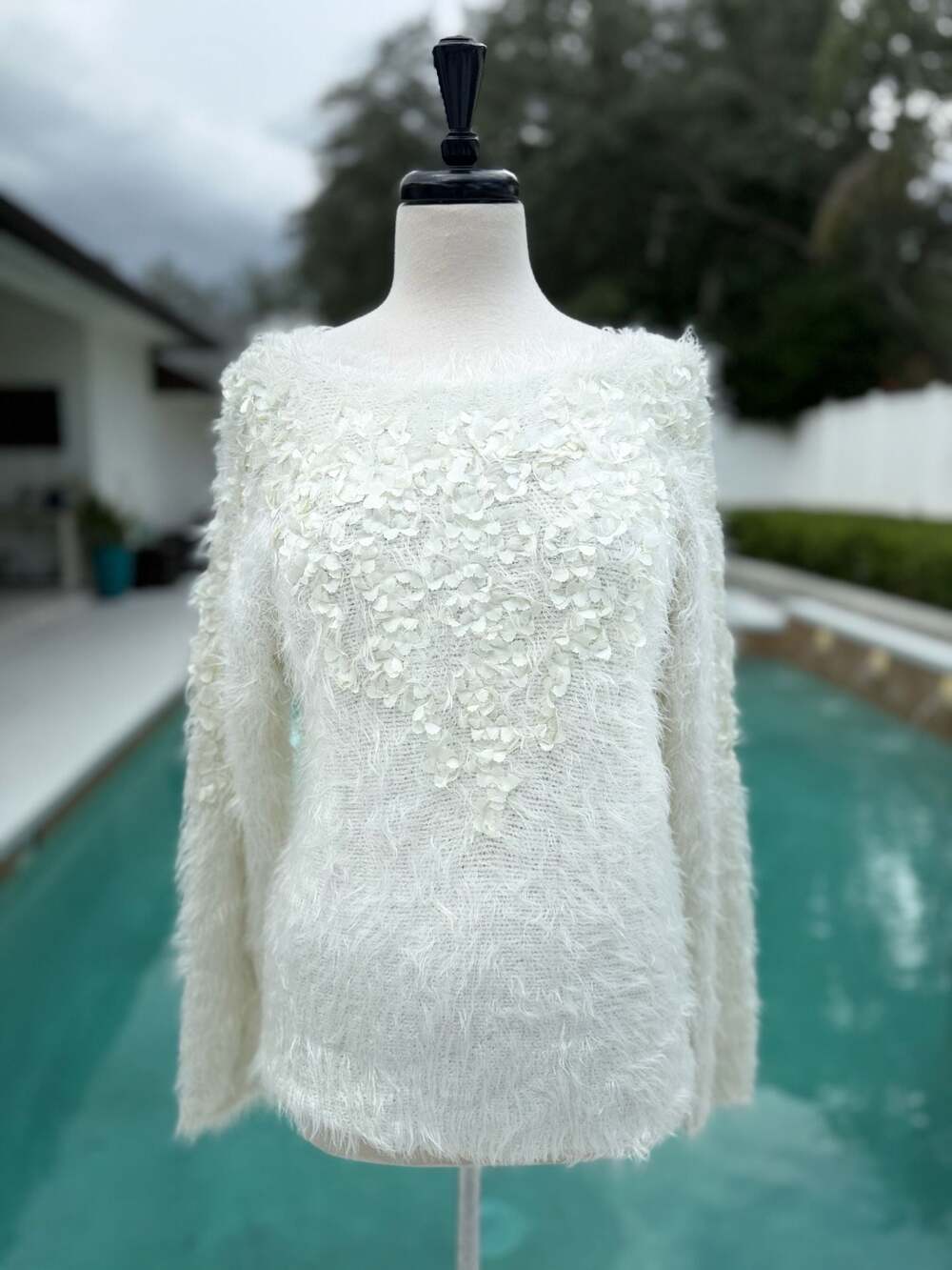 Ruby Rd. White Eyelash Knit Sweater with Floral Applique Details